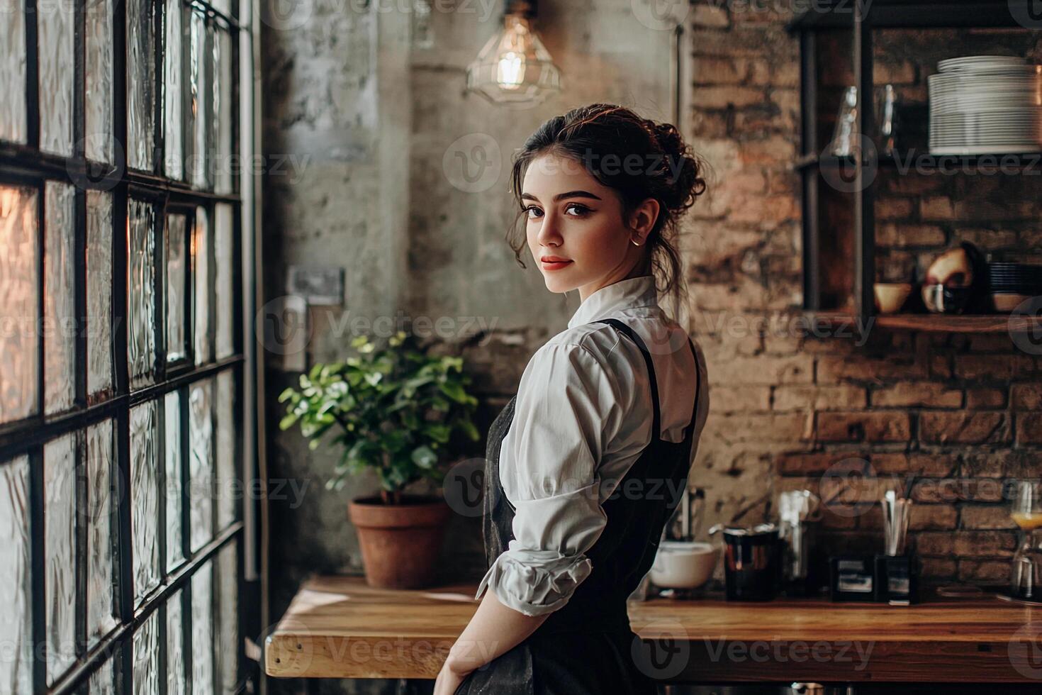 A woman in a black dress standing in front of a window photo