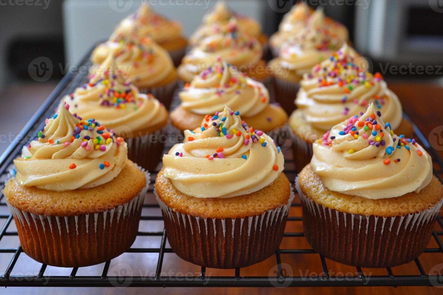 A rack with cupcakes on it photo