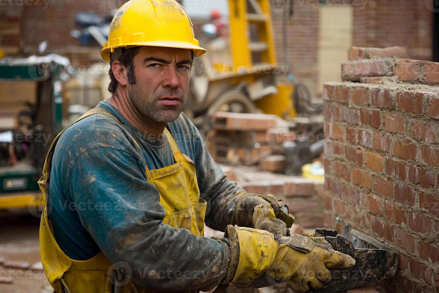 A man in a hard hat and overalls working on a brick wall photo
