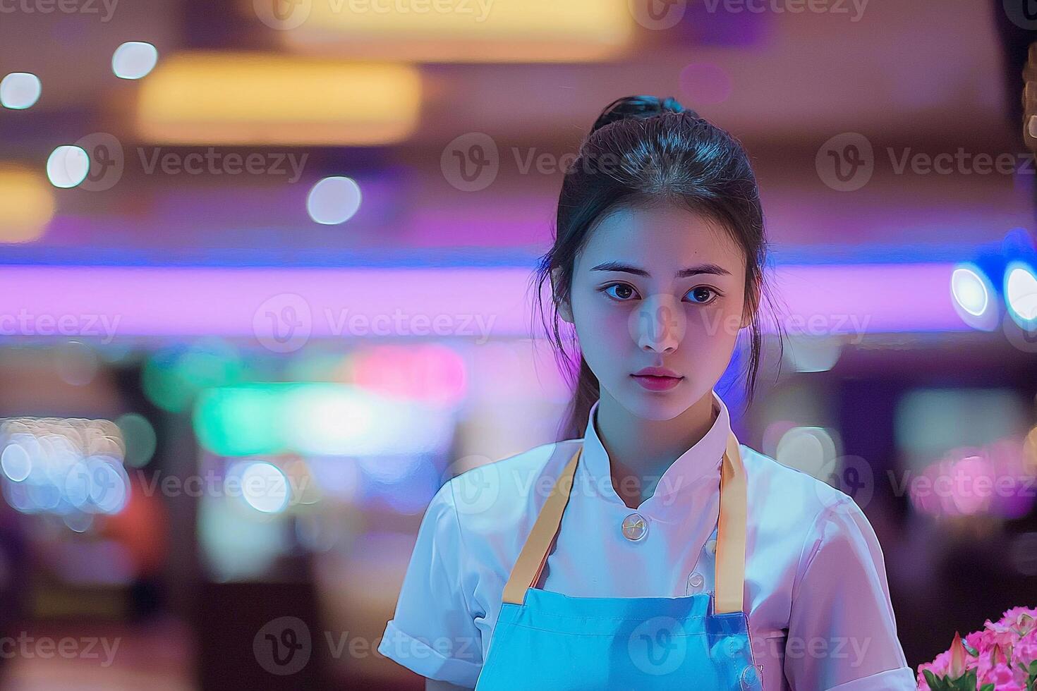 A woman in a white apron holding flowers photo