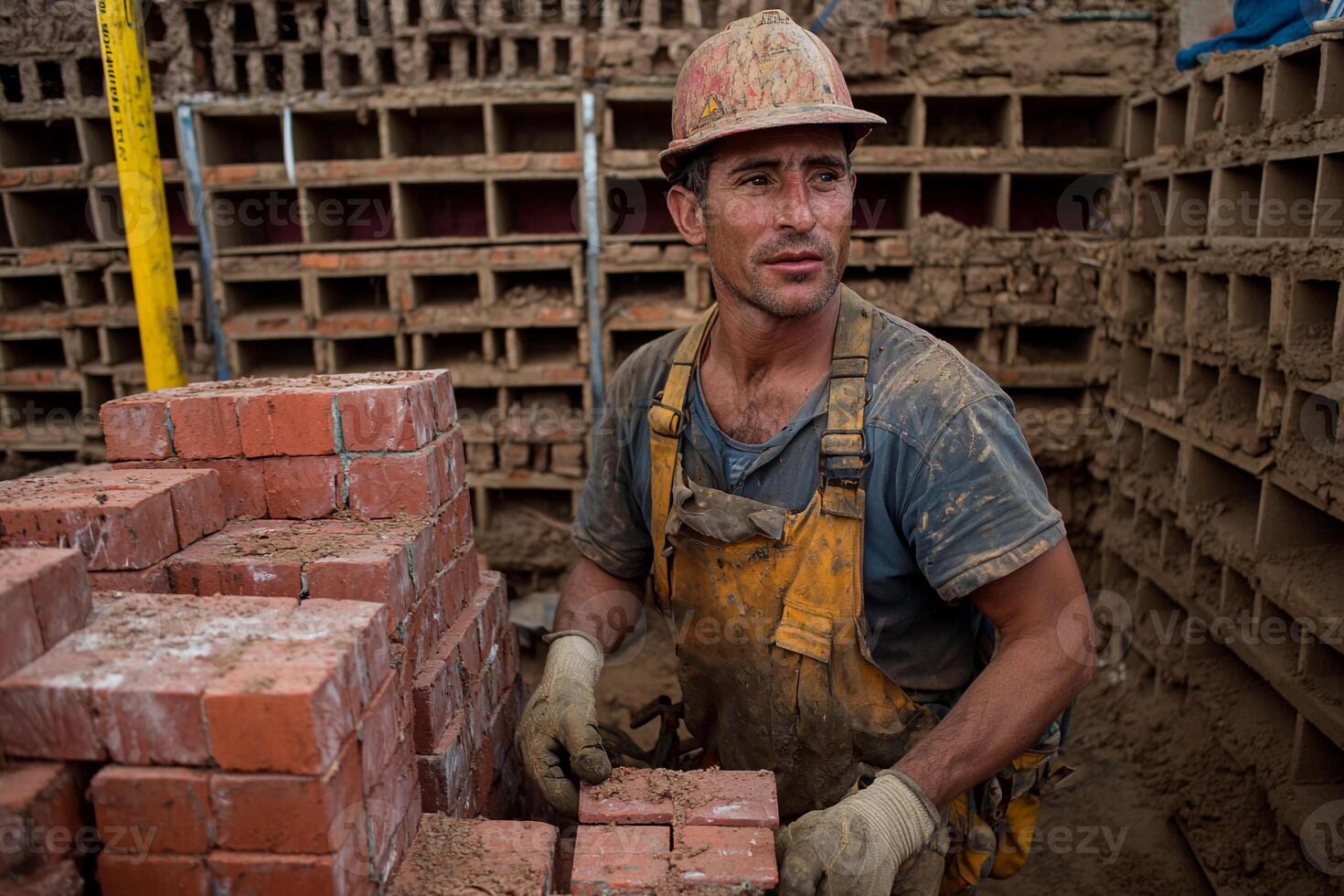 A man in overalls and hard hat working on bricks photo