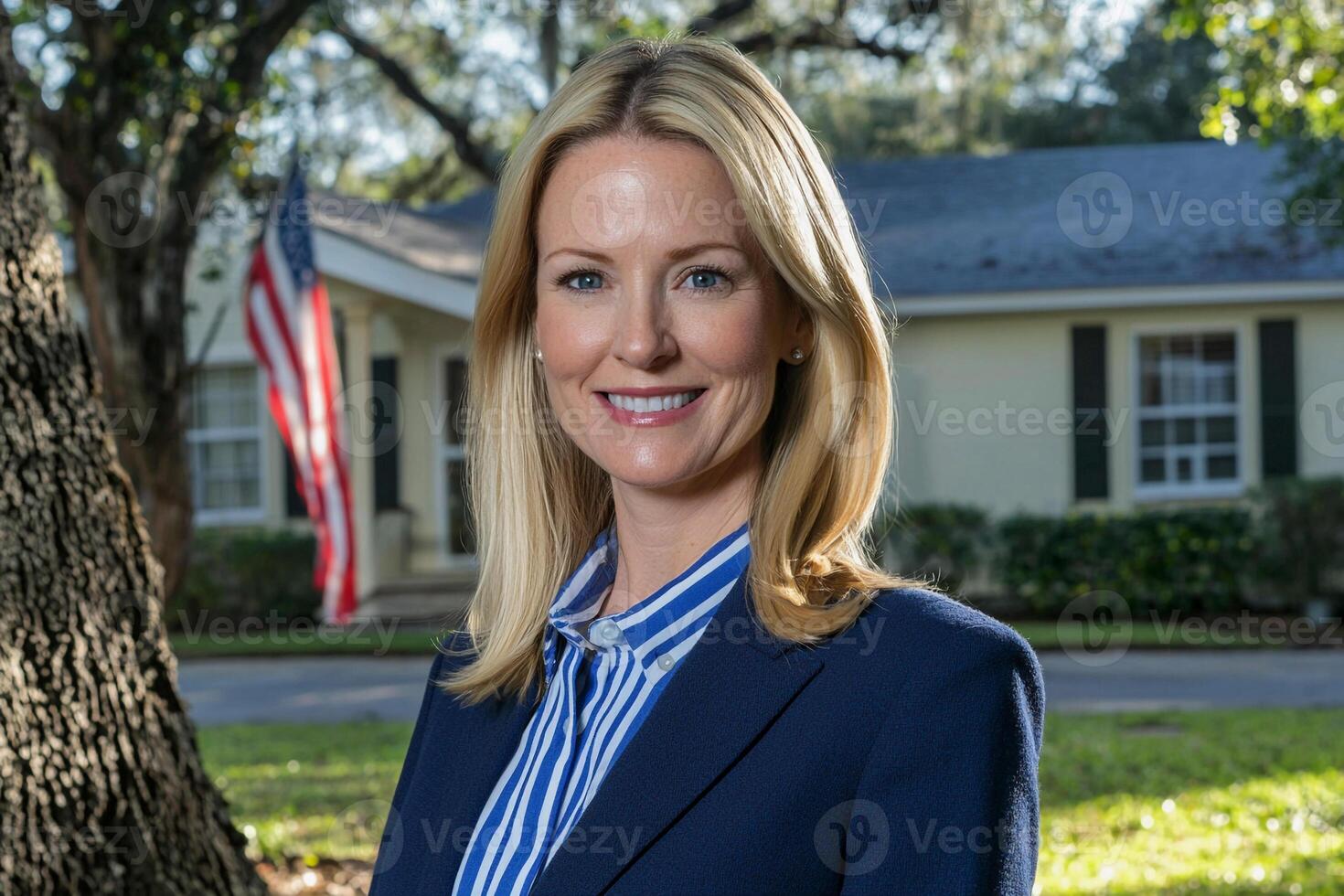 A woman in a blue blazer and white shirt standing in front of a house photo