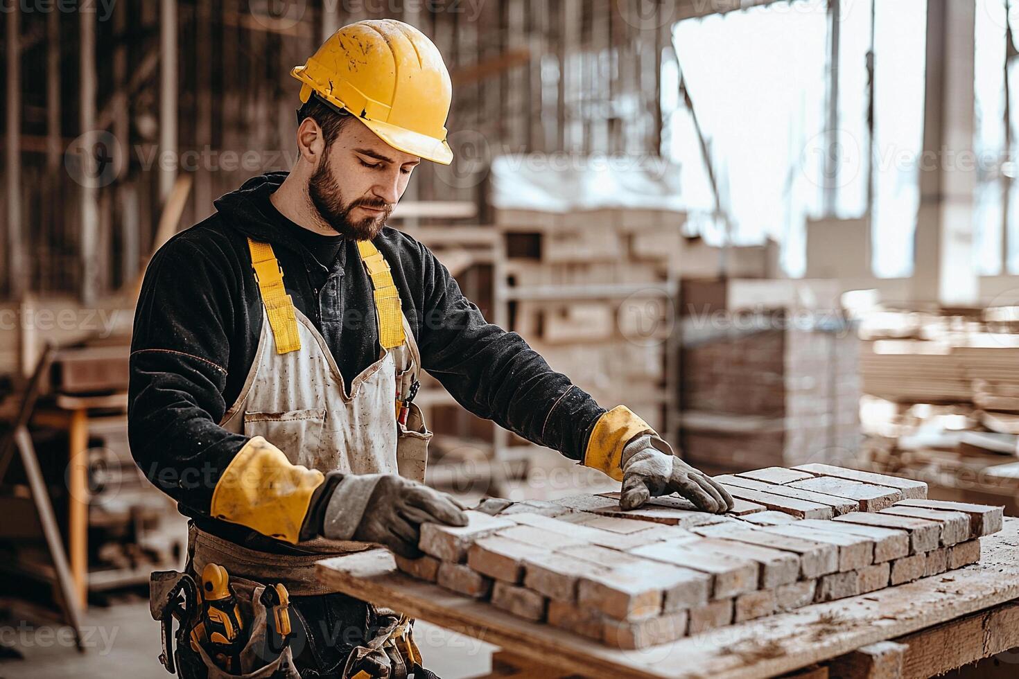 A man in a hard hat working on a wooden table photo