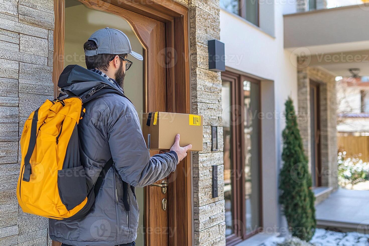 A man with a backpack is holding a package photo