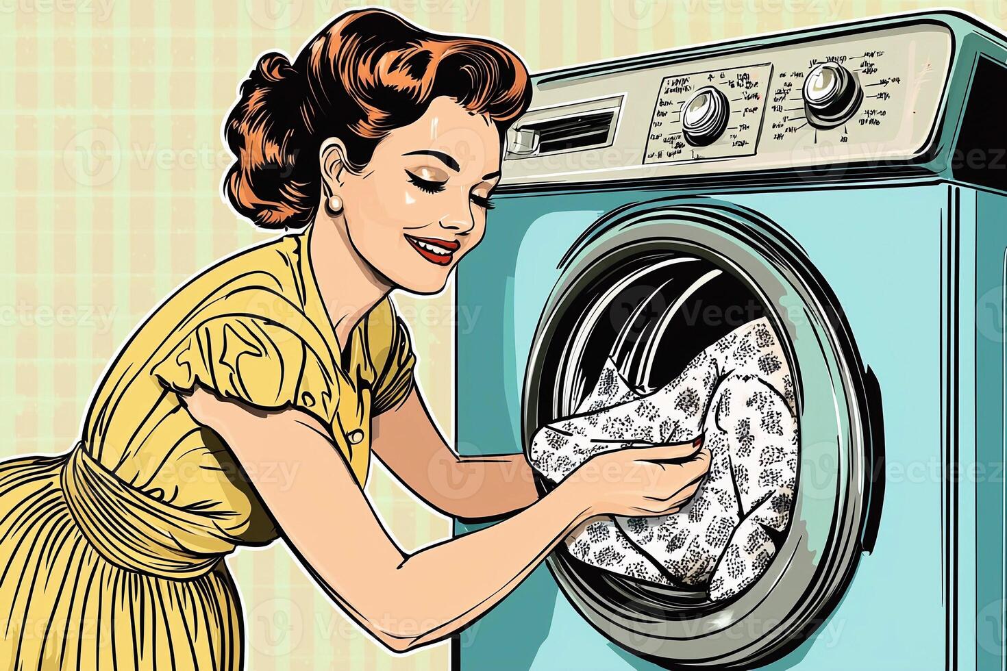 A woman is putting clothes in a washing machine photo