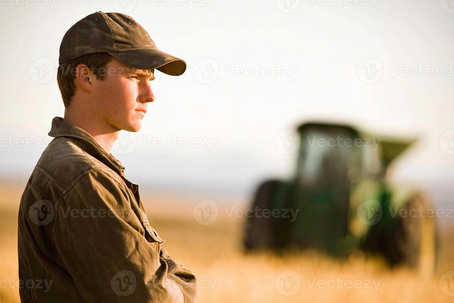 A man in a hat stands in front of a tractor photo