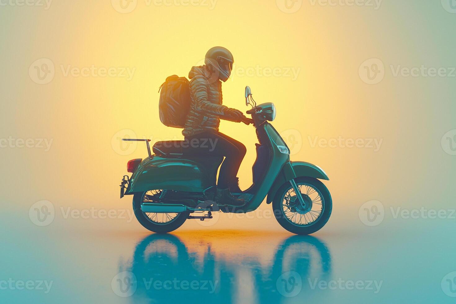 A person on a scooter with a backpack photo