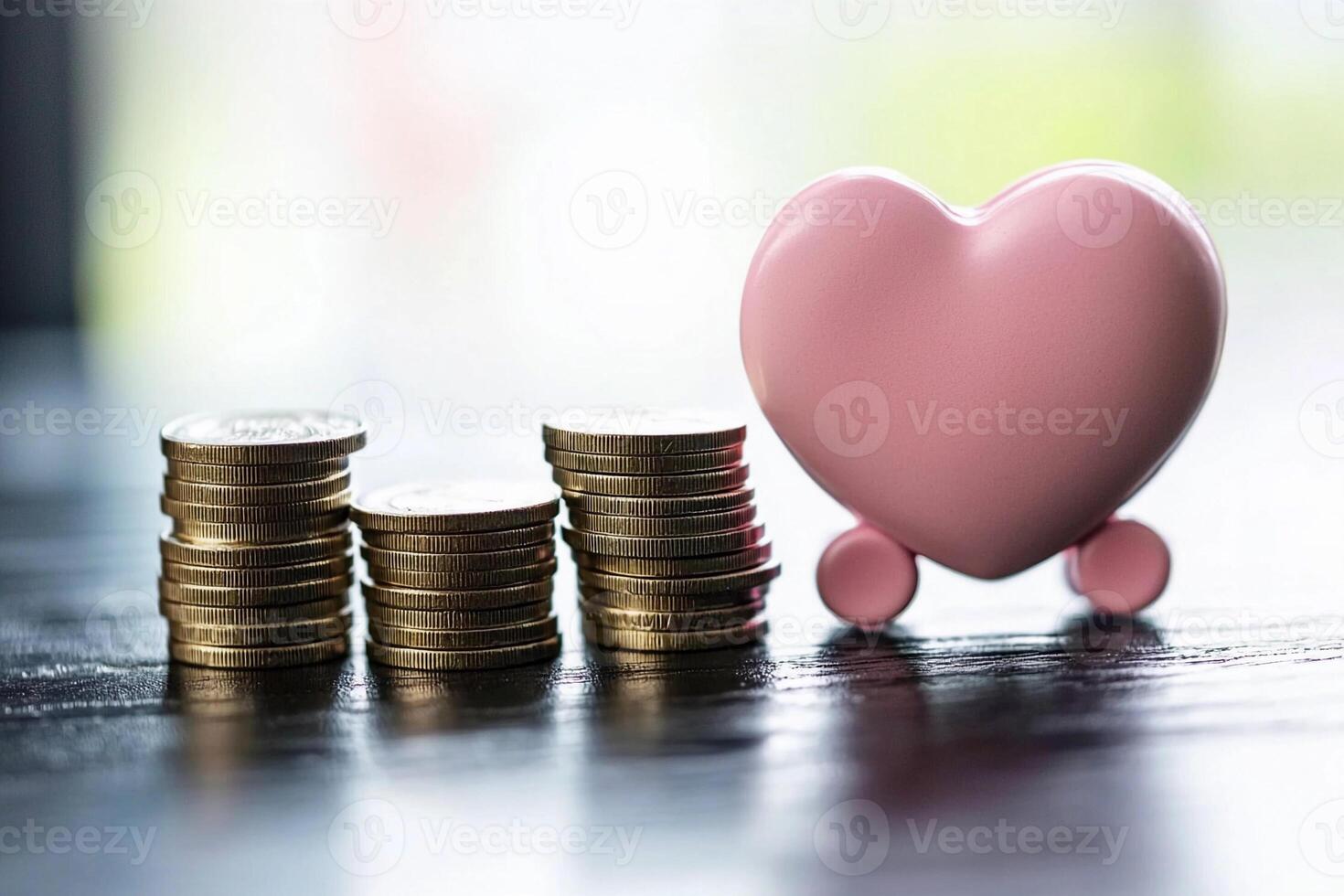 A pink heart shaped coin is sitting on top of stacks of coins photo