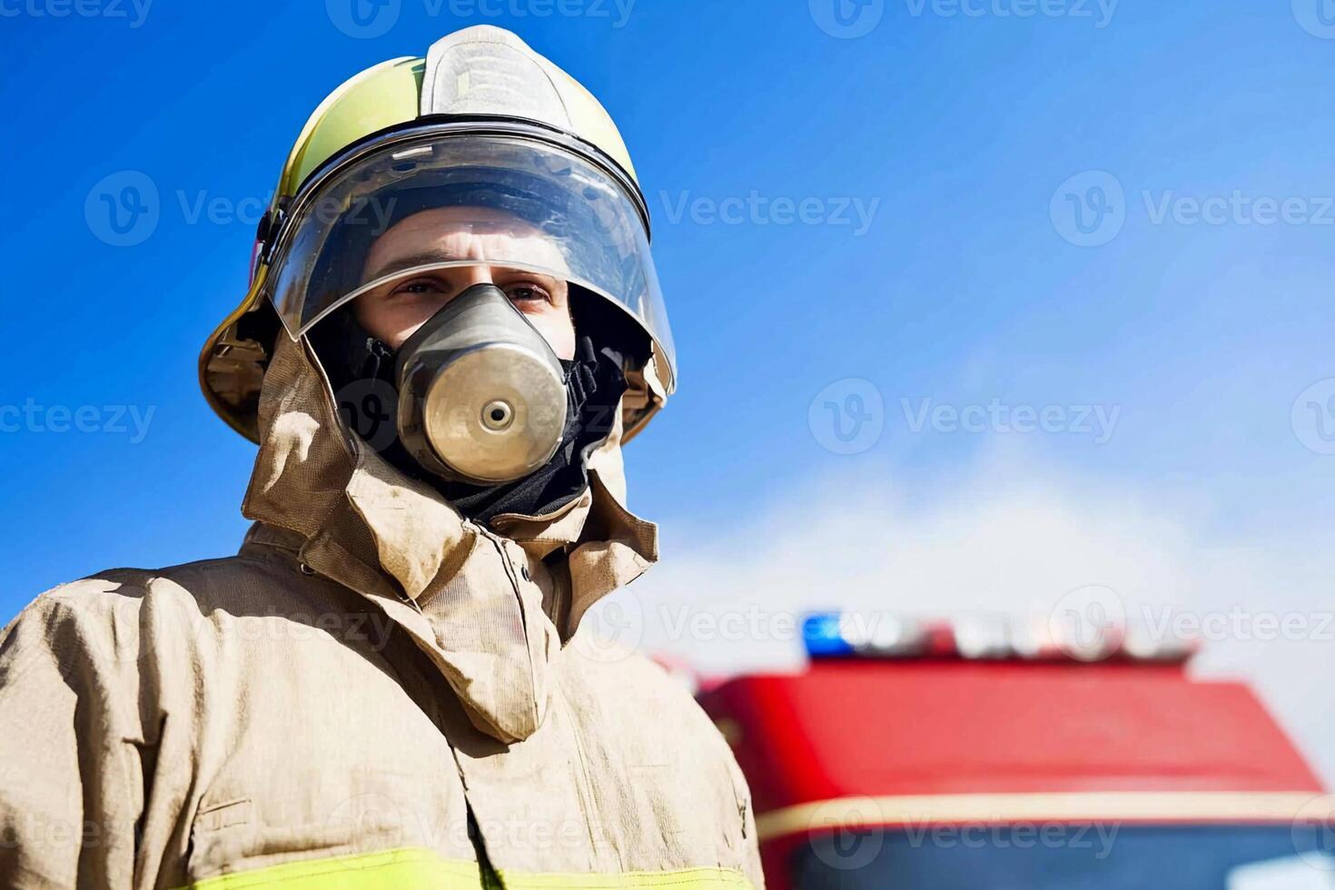 A firefighter wearing a gas mask photo