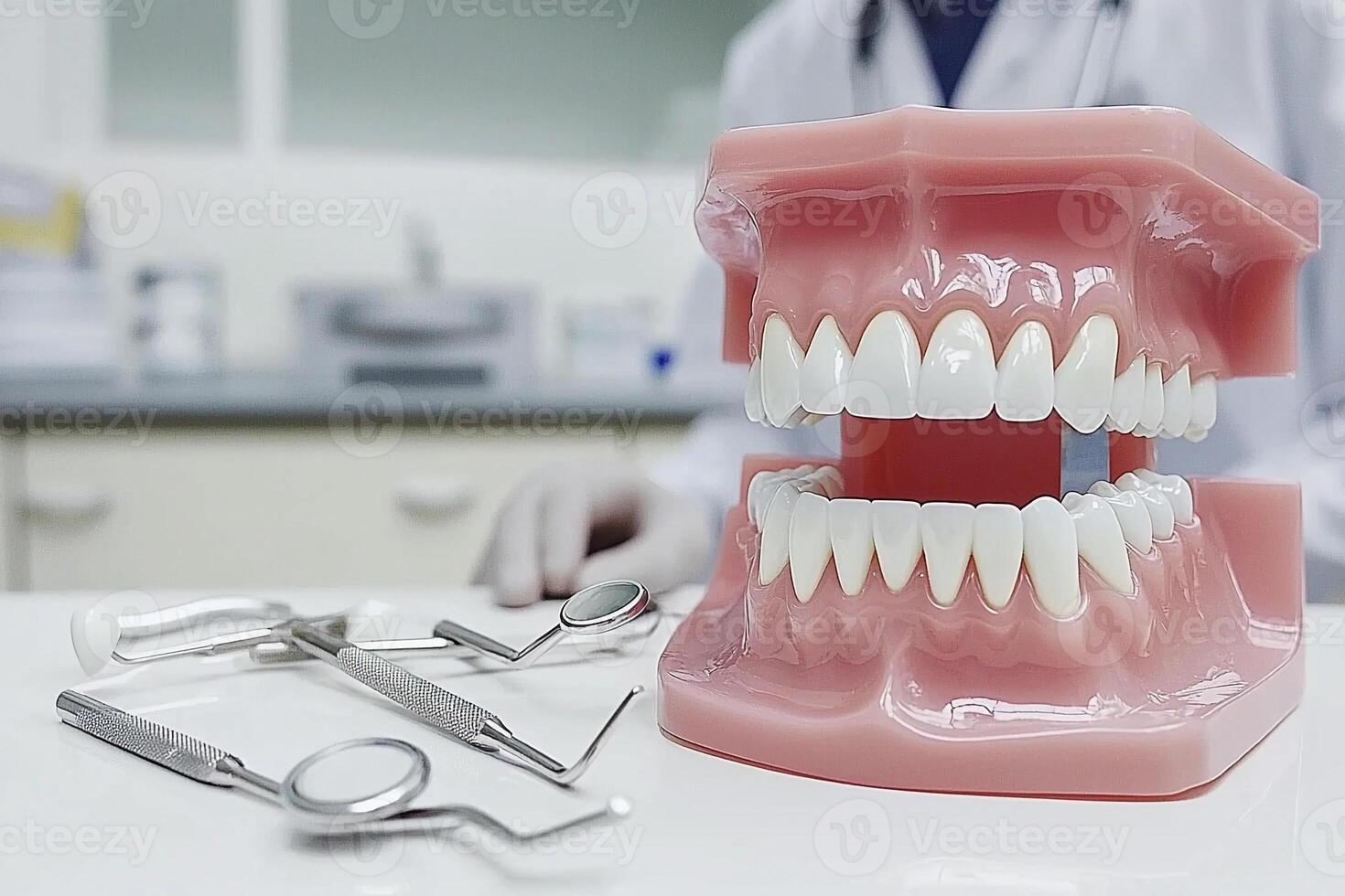 A model of a tooth with a dentist's tools photo