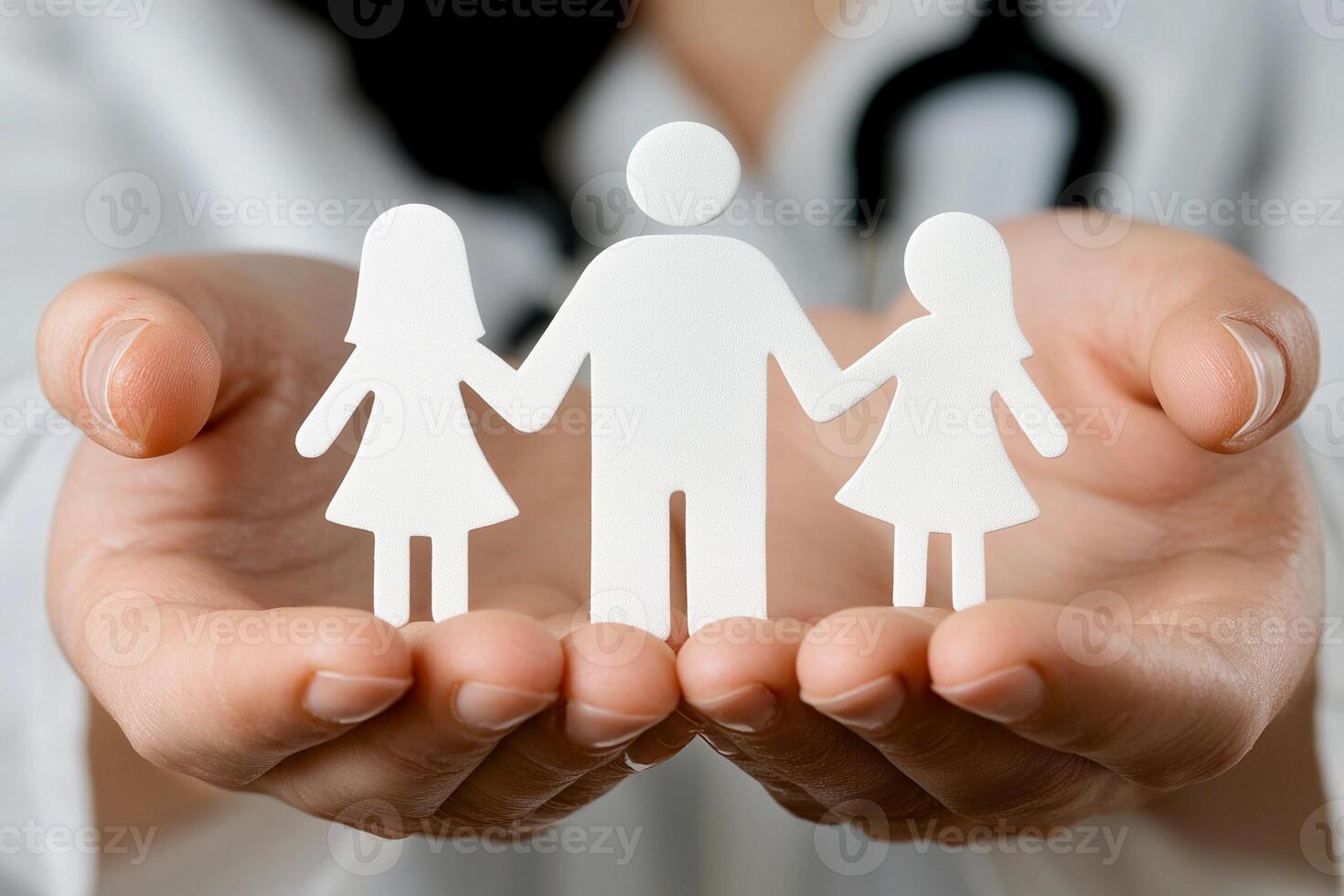A doctor holding paper cutout of a family photo