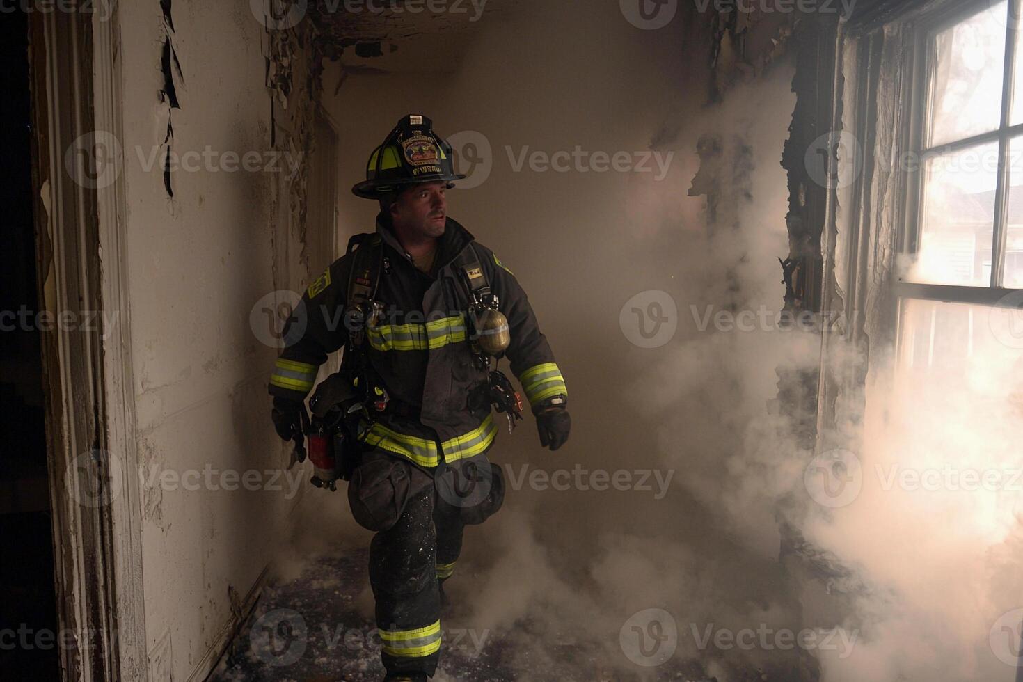 A firefighter walks through smoke in an abandoned building photo