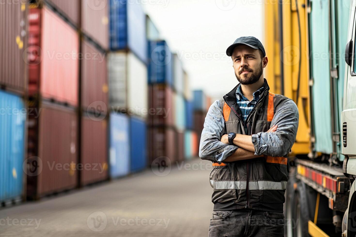 A man standing in front of a truck with containers photo