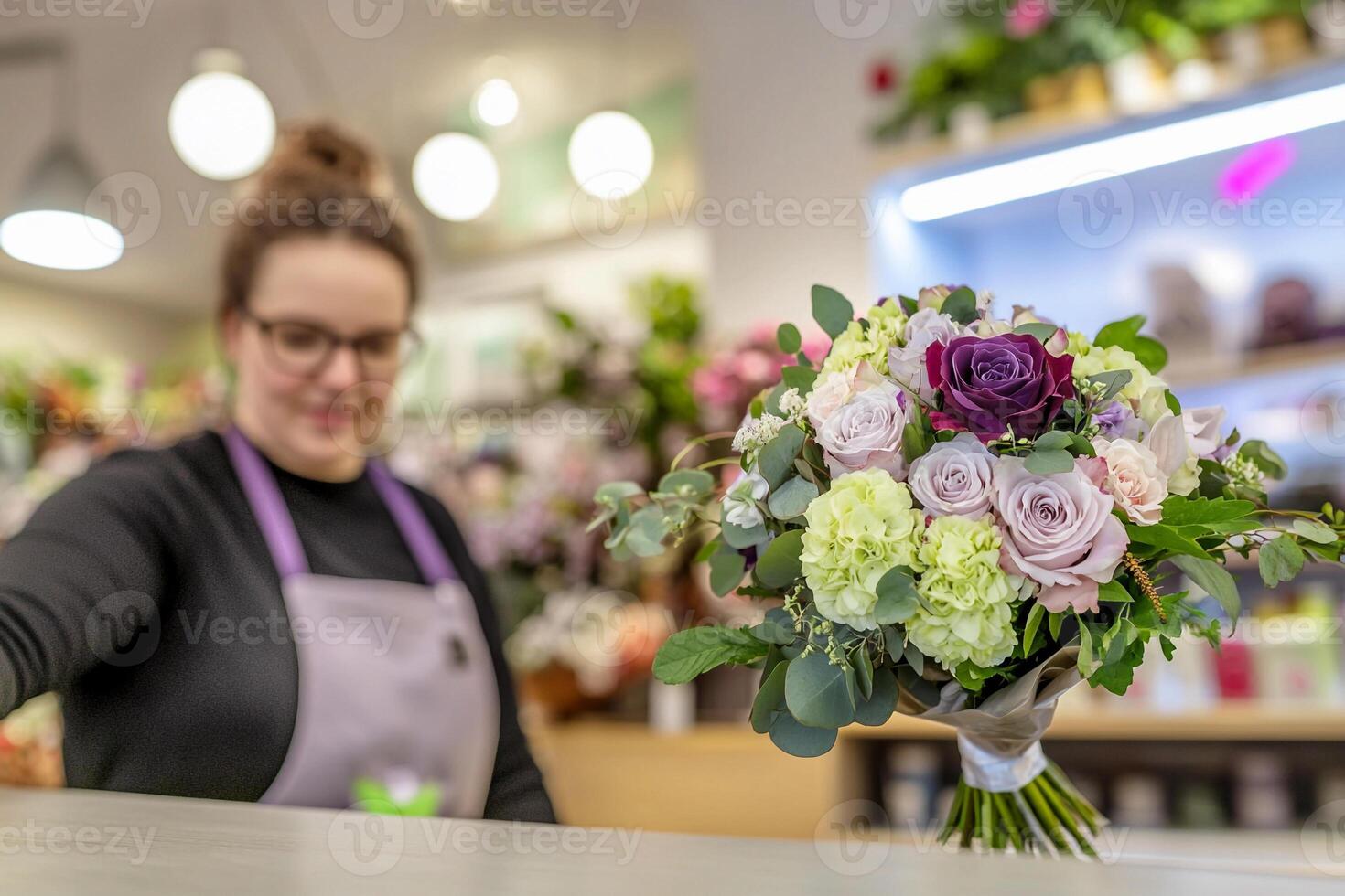 A woman is holding a bouquet of flowers at a flower shop photo