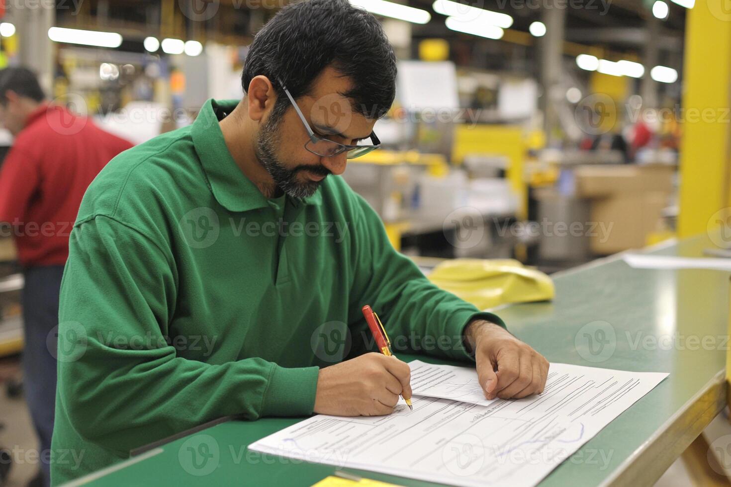 A man in green shirt writing on paper in an assembly line photo