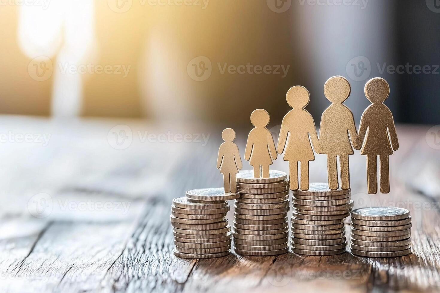 A stack of coins with a paper cutout of a family on top photo