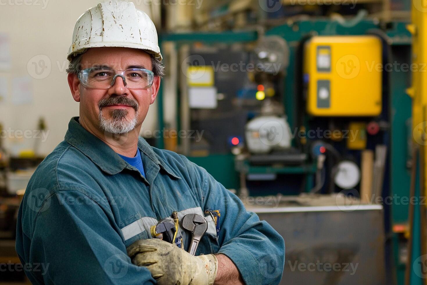 A man in a hard hat and glasses standing in front of a machine photo