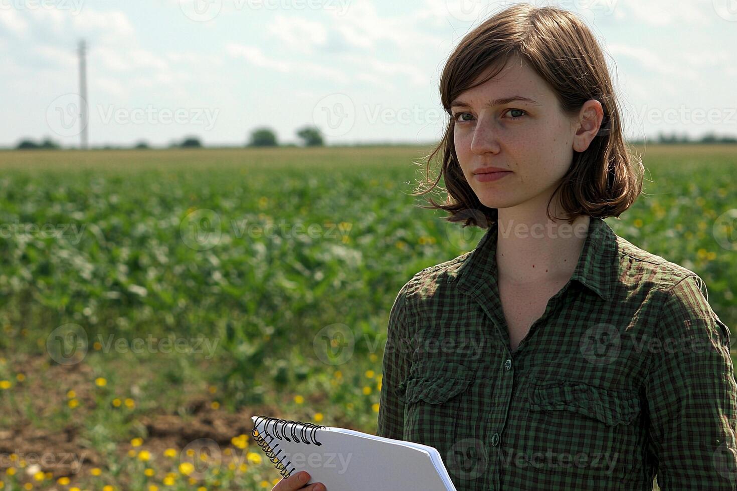 A woman holding a notebook in a field photo