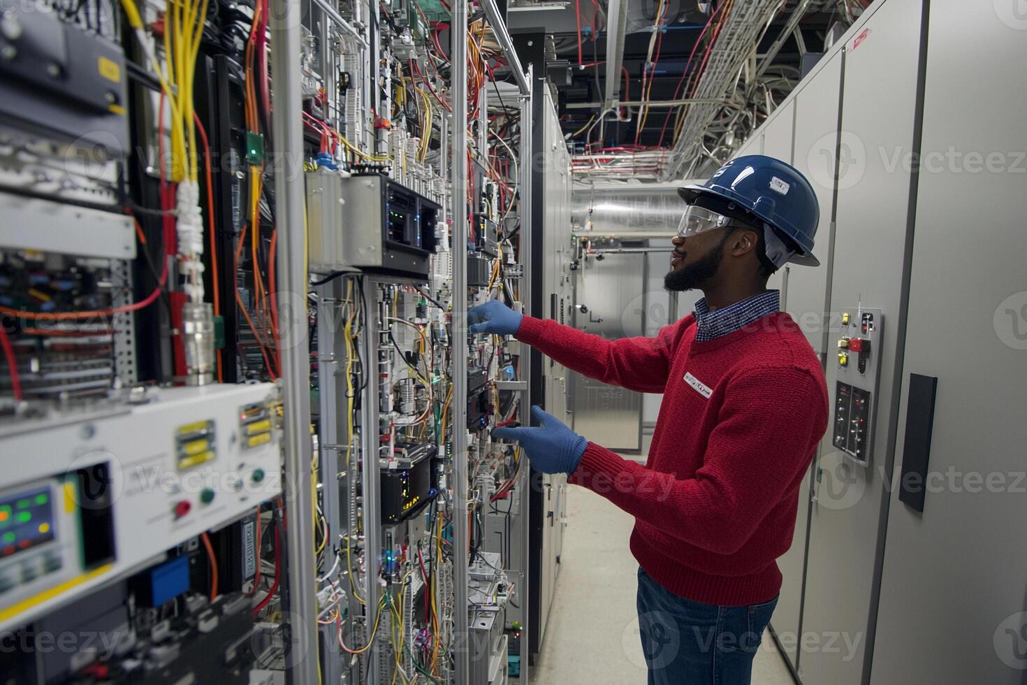 A man in a red shirt and blue gloves is working on a computer photo