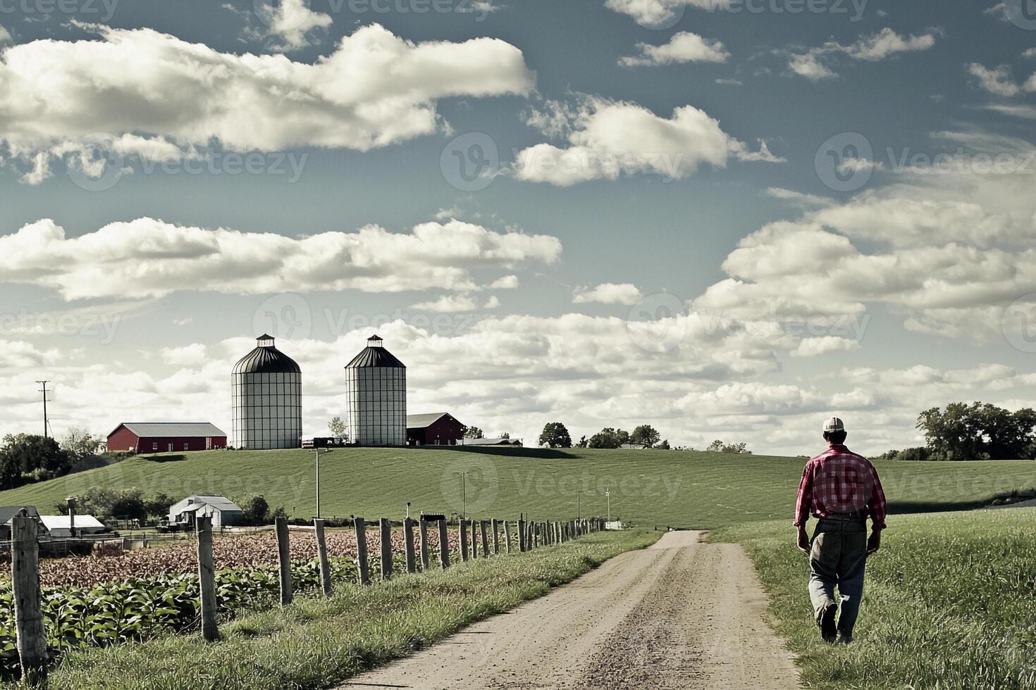 A man walking down a dirt road with two silos in the background photo
