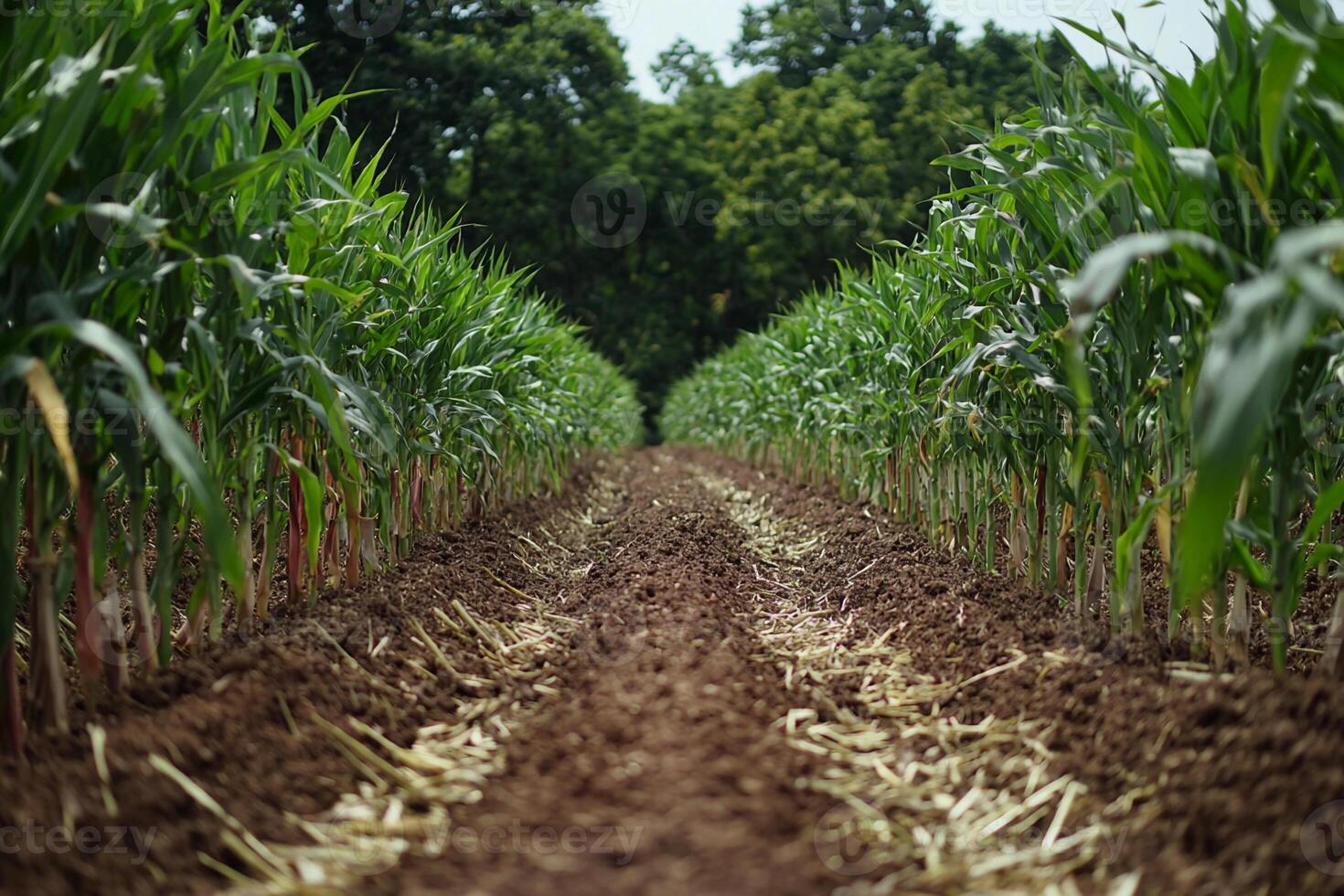 A field of corn with dirt and grass photo