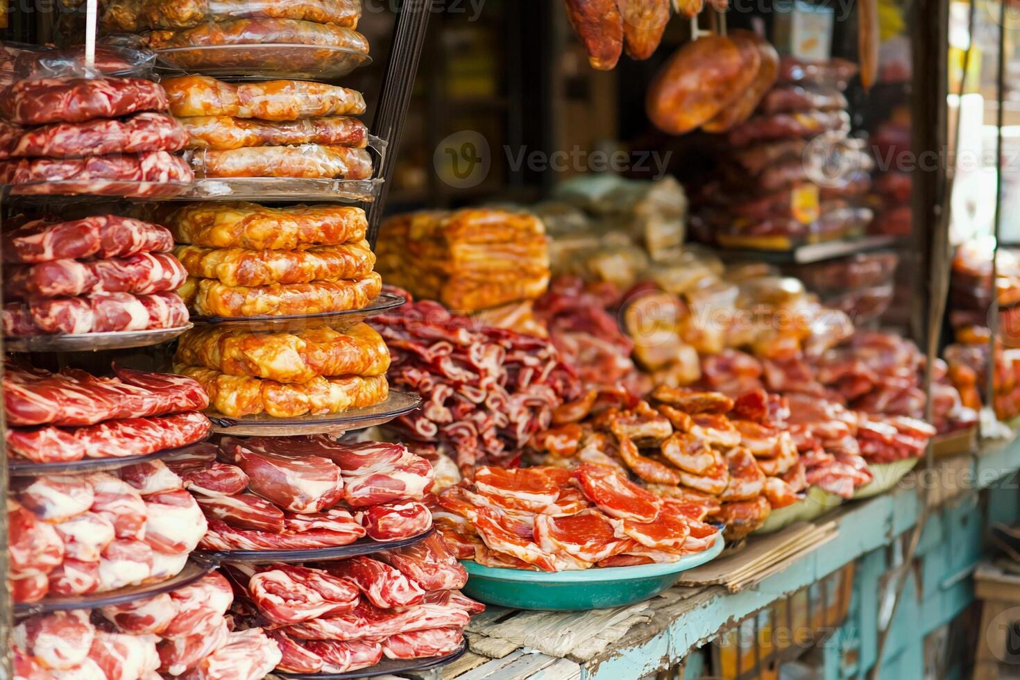 A display of meat and other food items photo