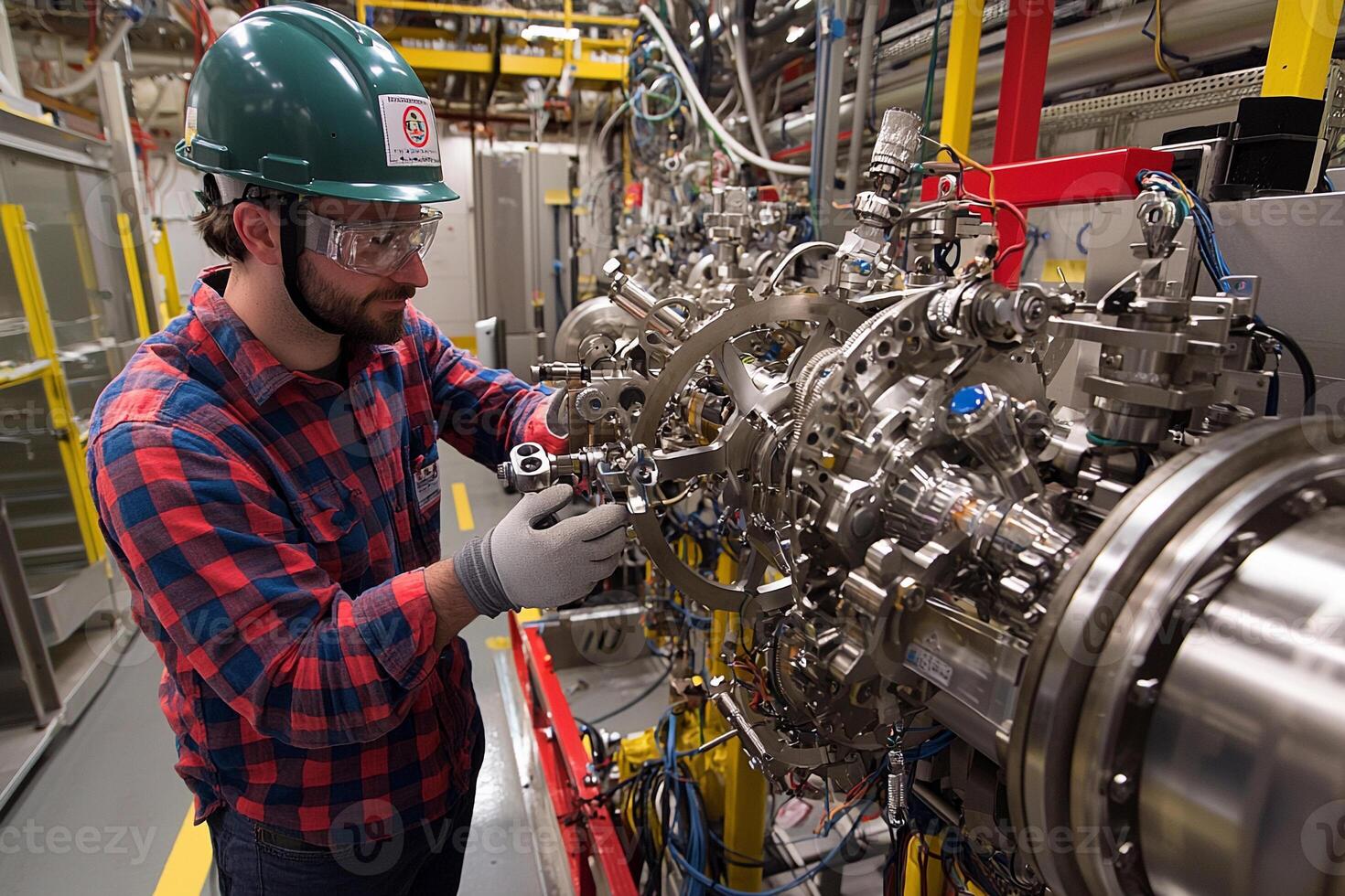 A man in a hard hat and safety glasses working on a machine photo