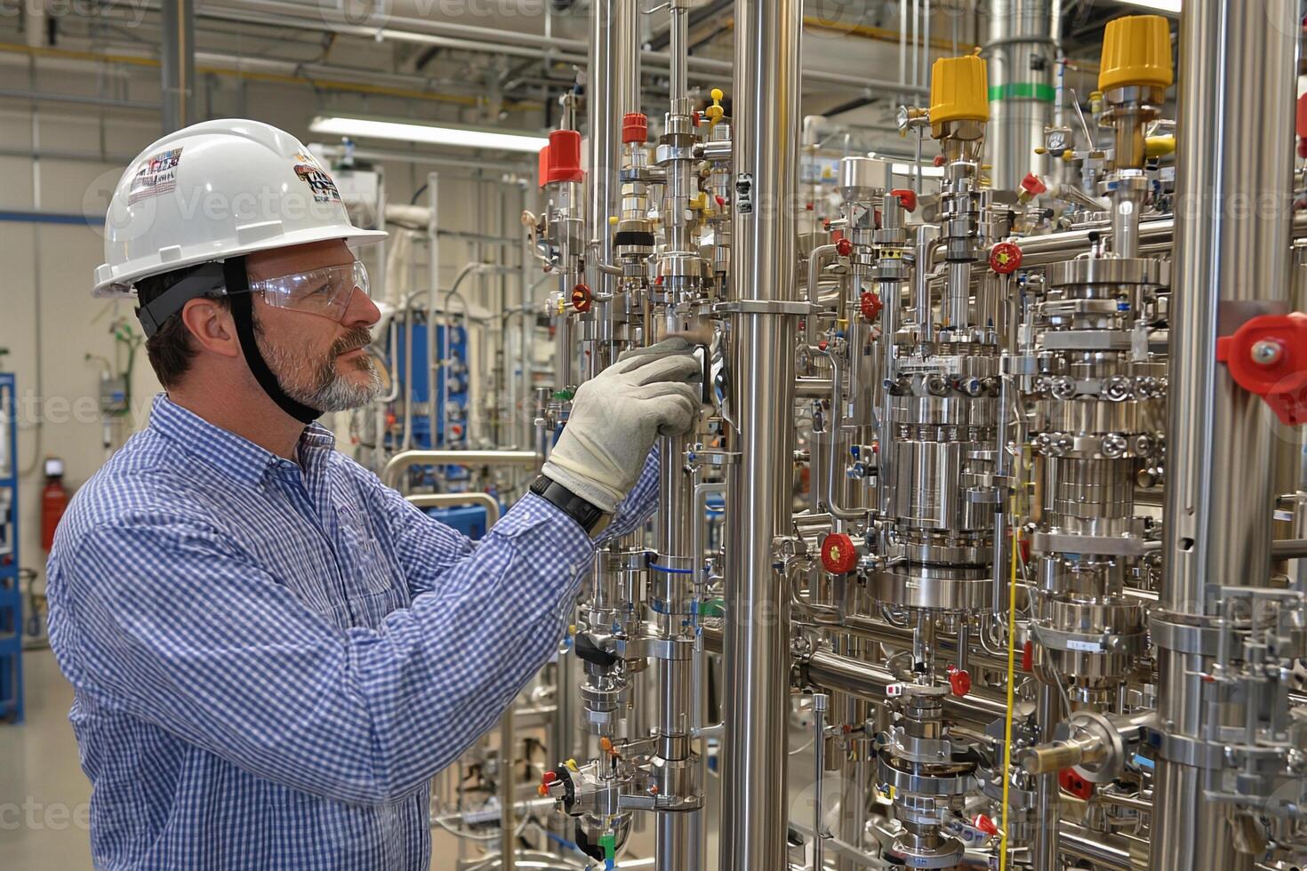 A man in a hard hat and safety glasses working on a pipe photo