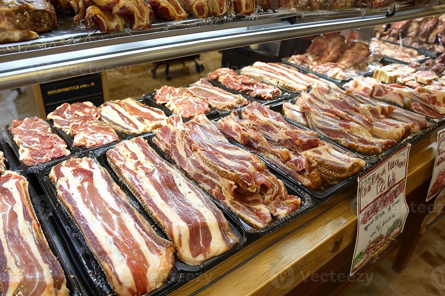 A display case filled with meat and other food photo