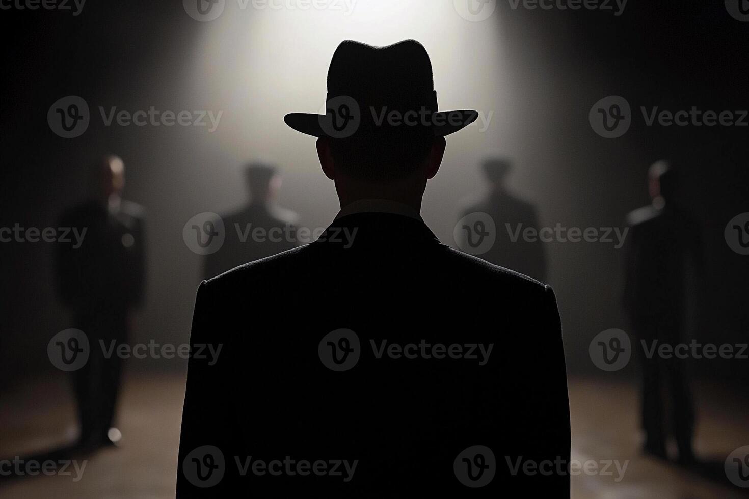 A man in a hat and suit standing in front of a group of people photo