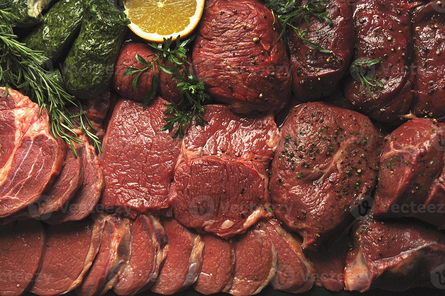 A large assortment of raw meat on a table photo