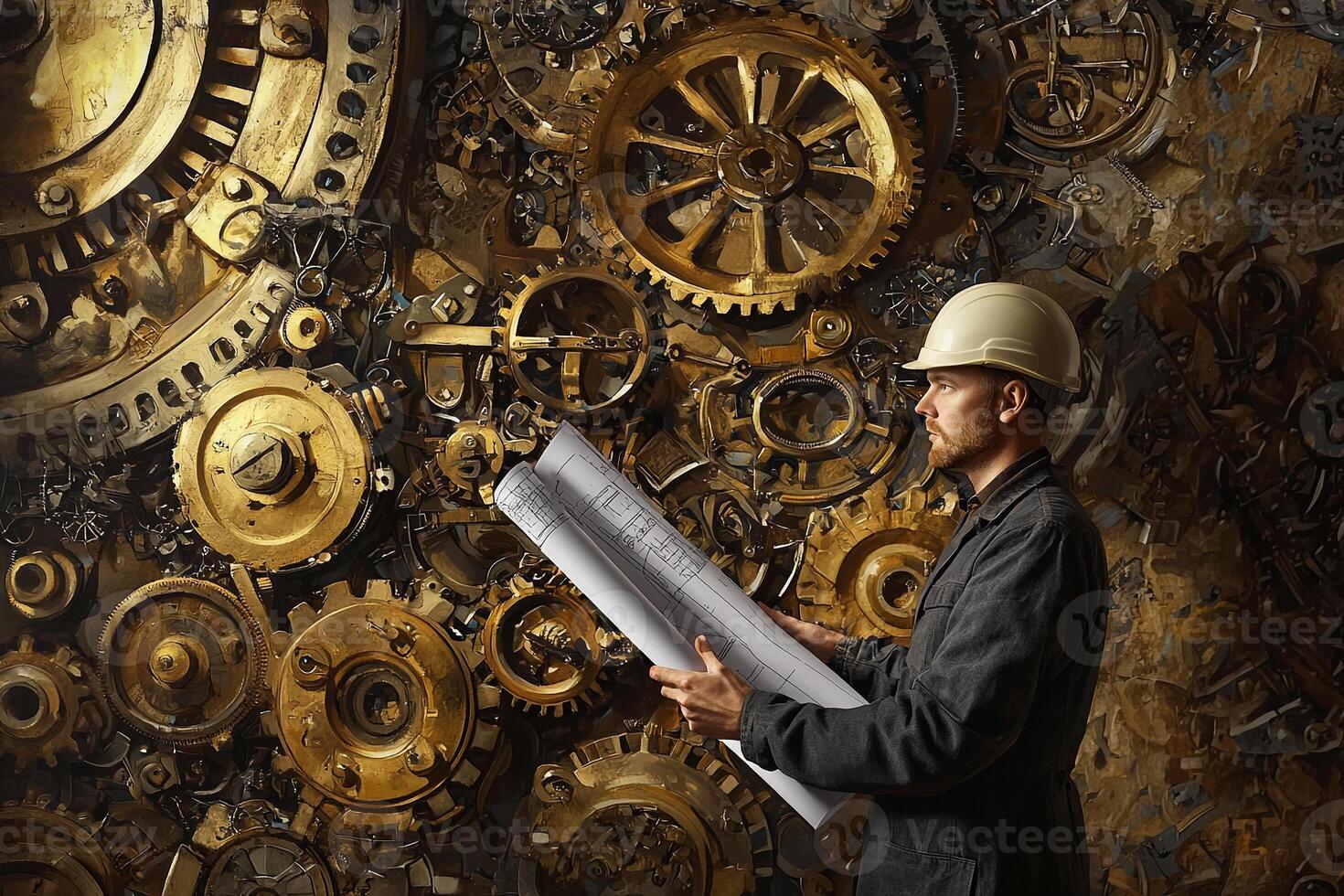 A man in a hard hat holding a blueprint photo