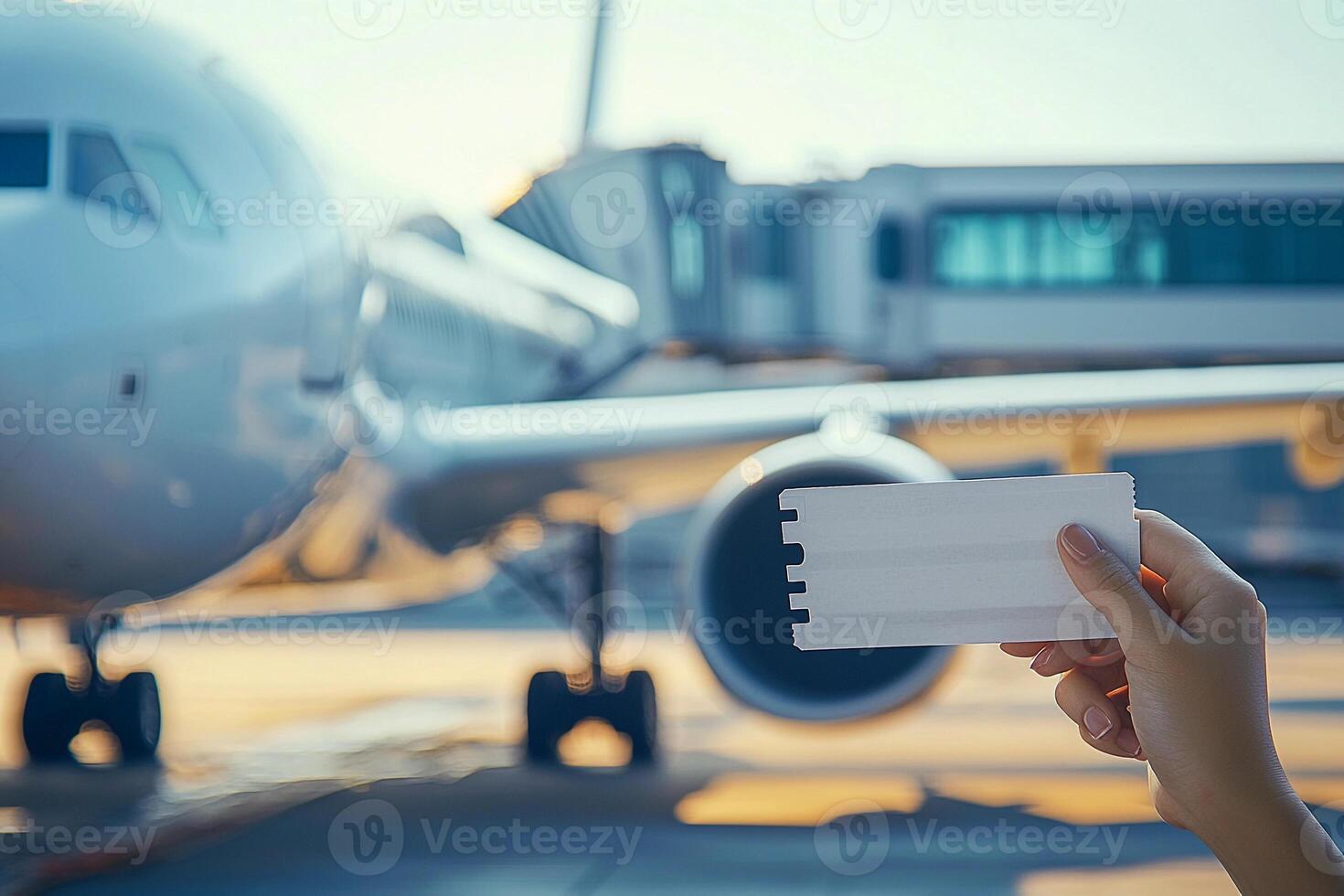 A person holding a blank card in front of an airplane photo