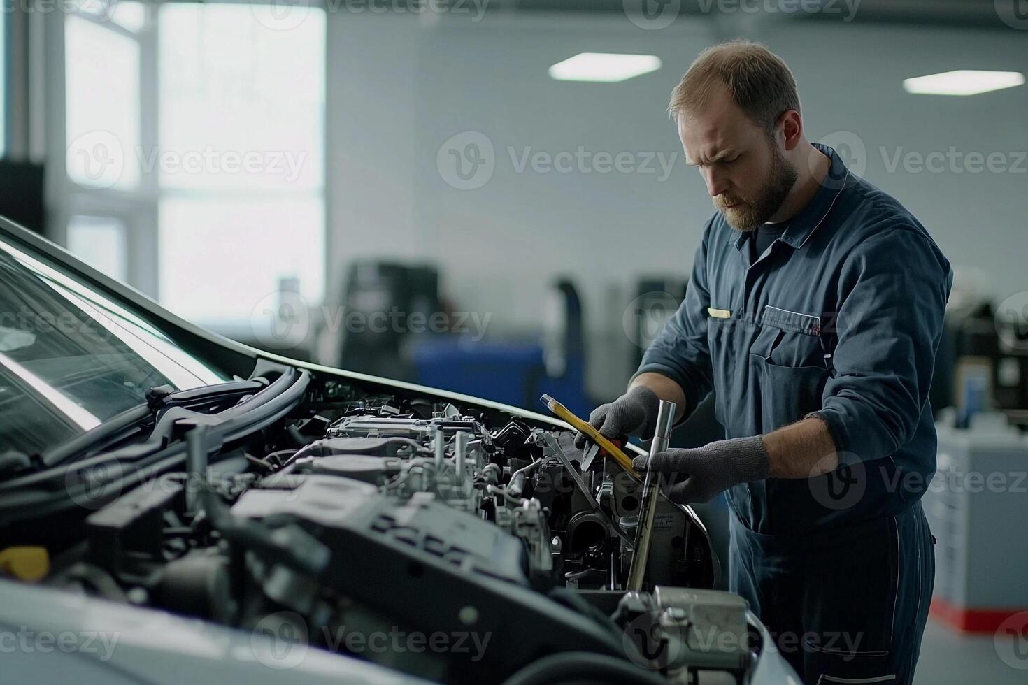 A man is working on the engine of a car photo