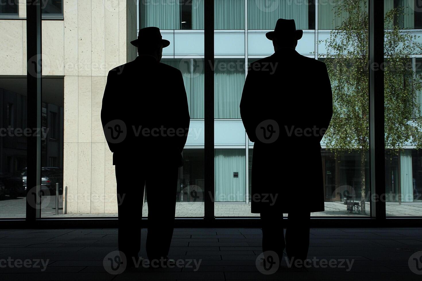 Two men in suits standing in front of a large window photo