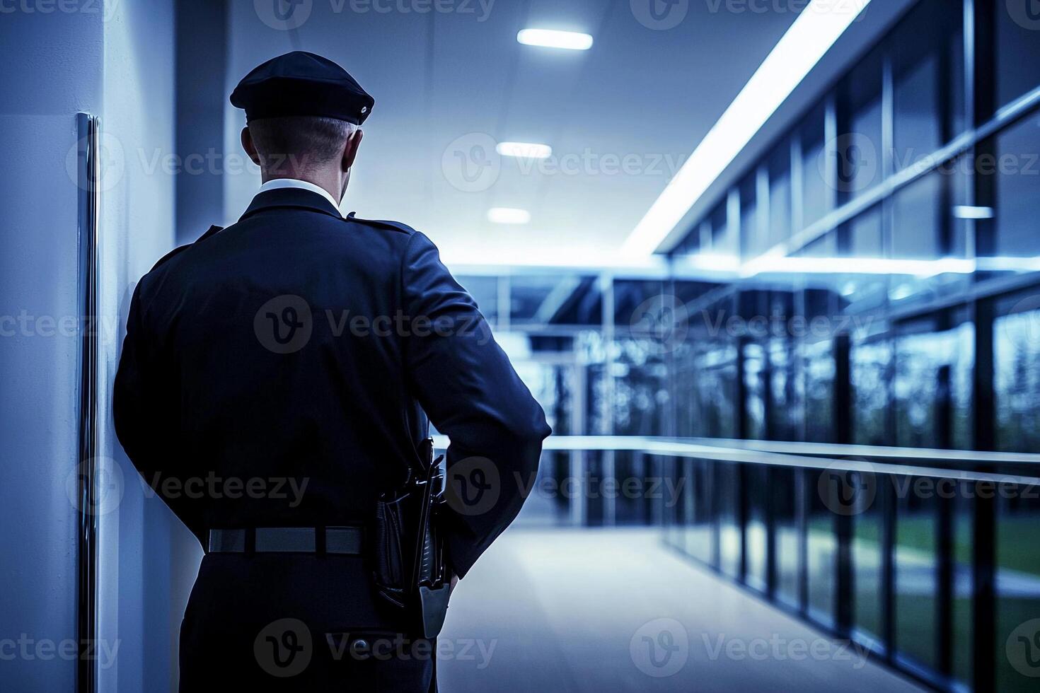 A man in a uniform standing in a hallway photo