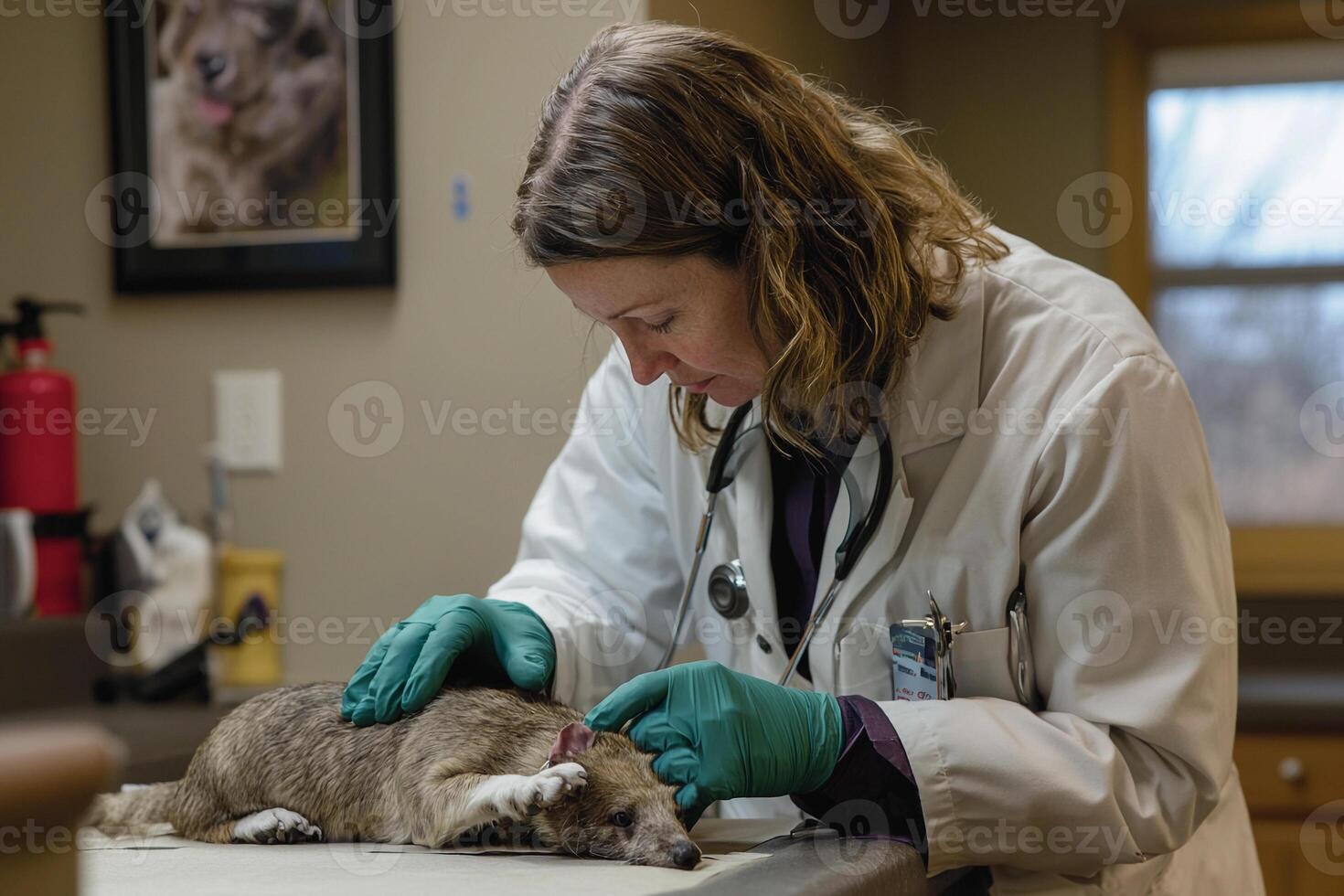 A woman in a white coat examining a cat photo