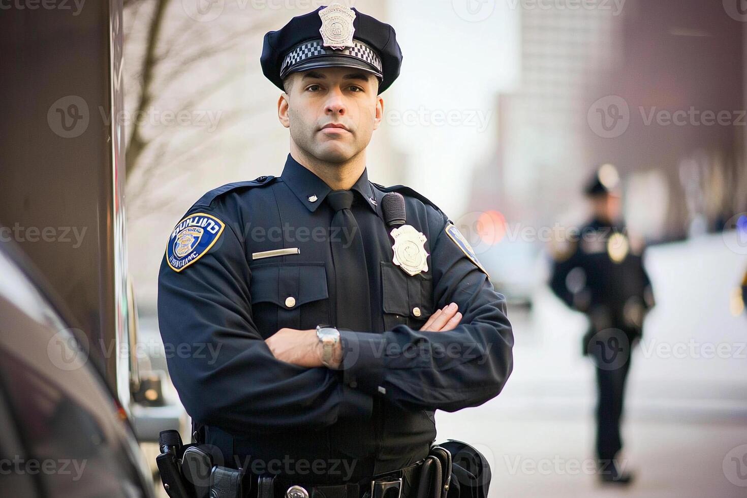 A police officer standing in front of a car photo