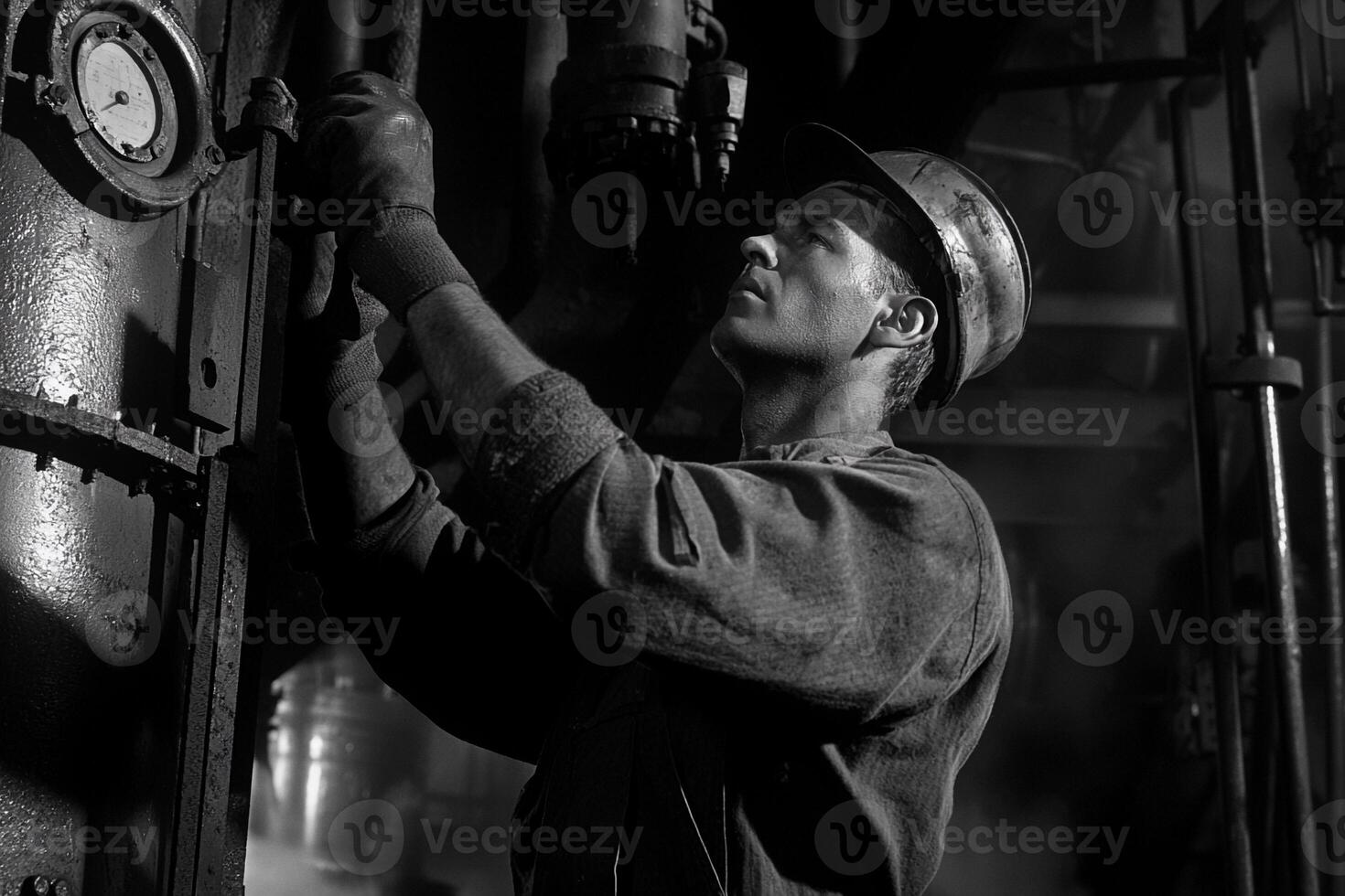 A black and white photo of a man working on a machine