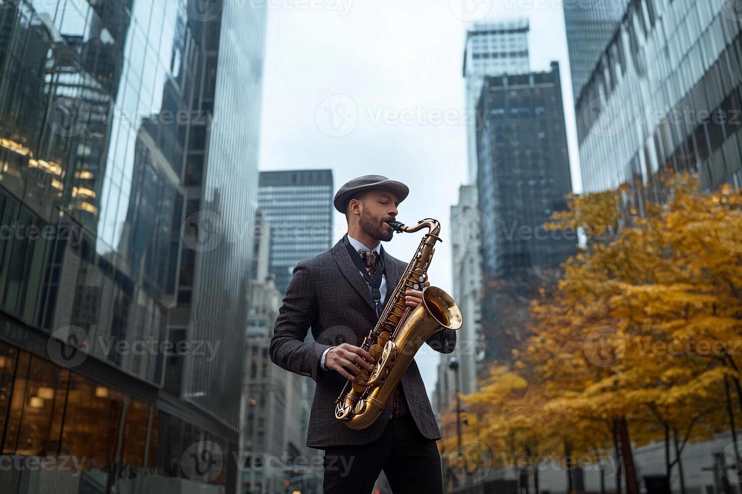 A man in a suit playing a saxophone in the city photo