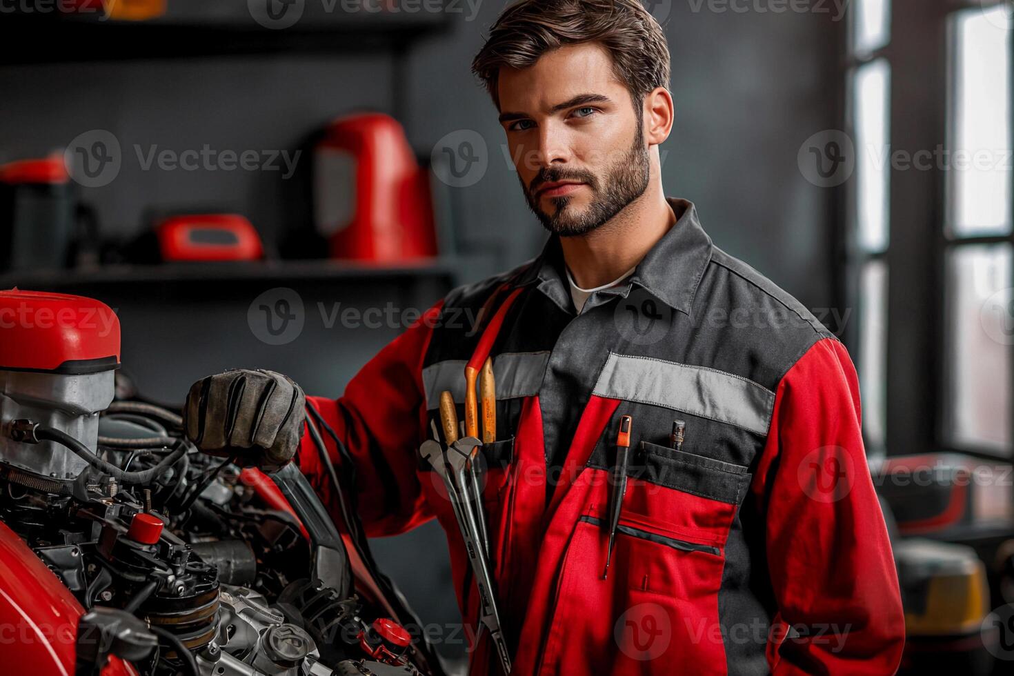 A man in a red and black uniform is holding a wrench photo