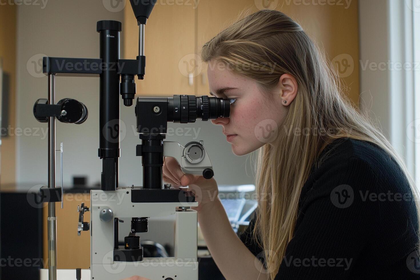 A woman is looking through a microscope photo