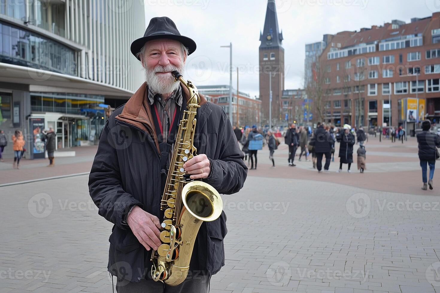A man with a beard and hat playing a saxophone photo