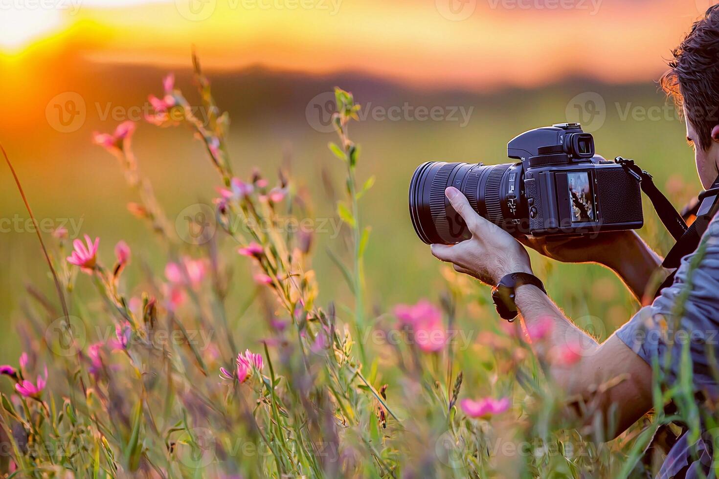 A man taking a photo of flowers in a field