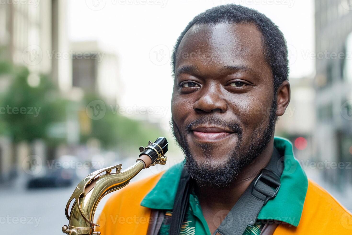 A man with a saxophone in an orange shirt photo