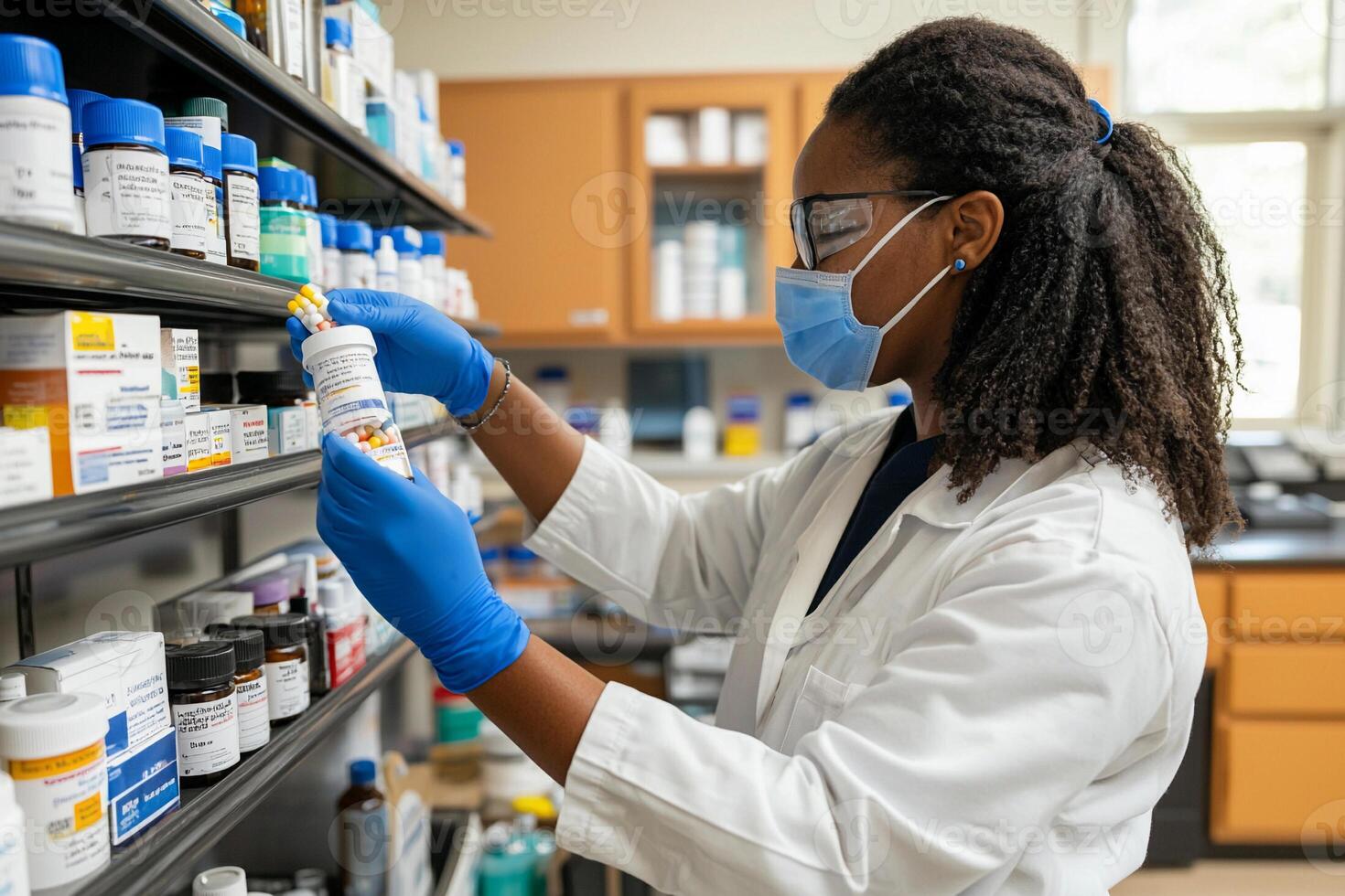 A woman in a lab coat and gloves is looking at medicine photo