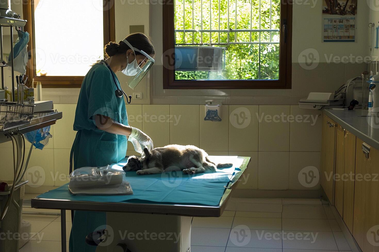 A woman is examining a cat on a table photo