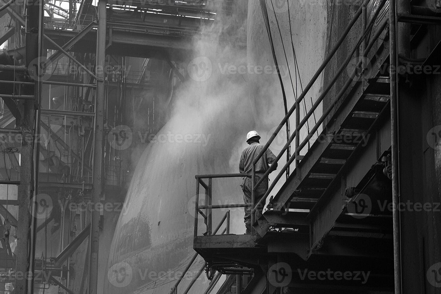 A man standing on a ladder in front of a large steam pipe photo