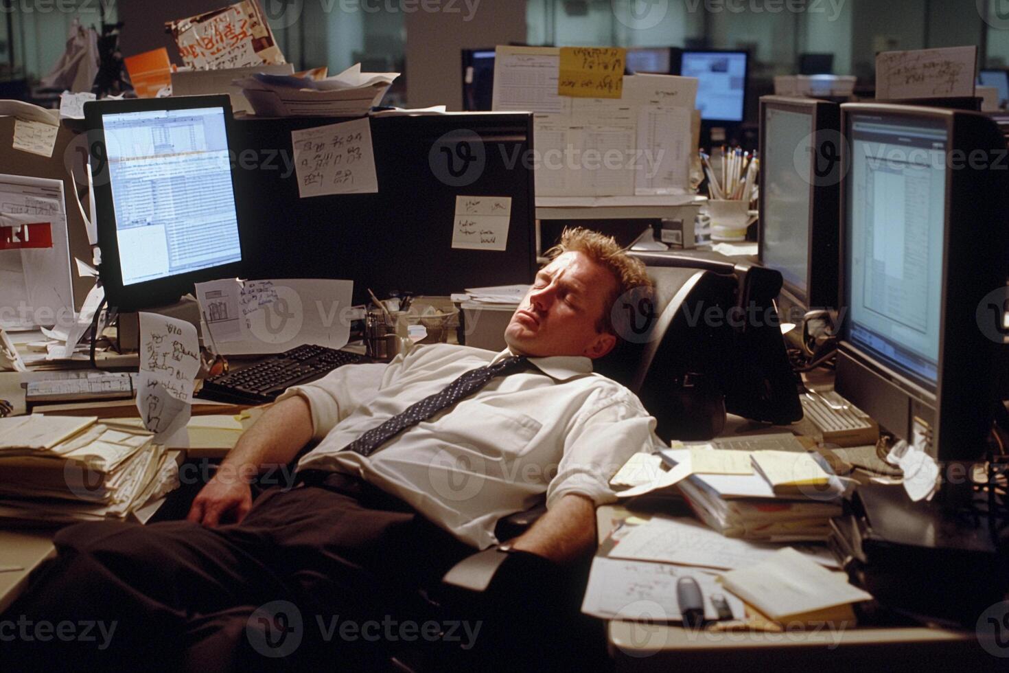 A man is sleeping in a desk photo