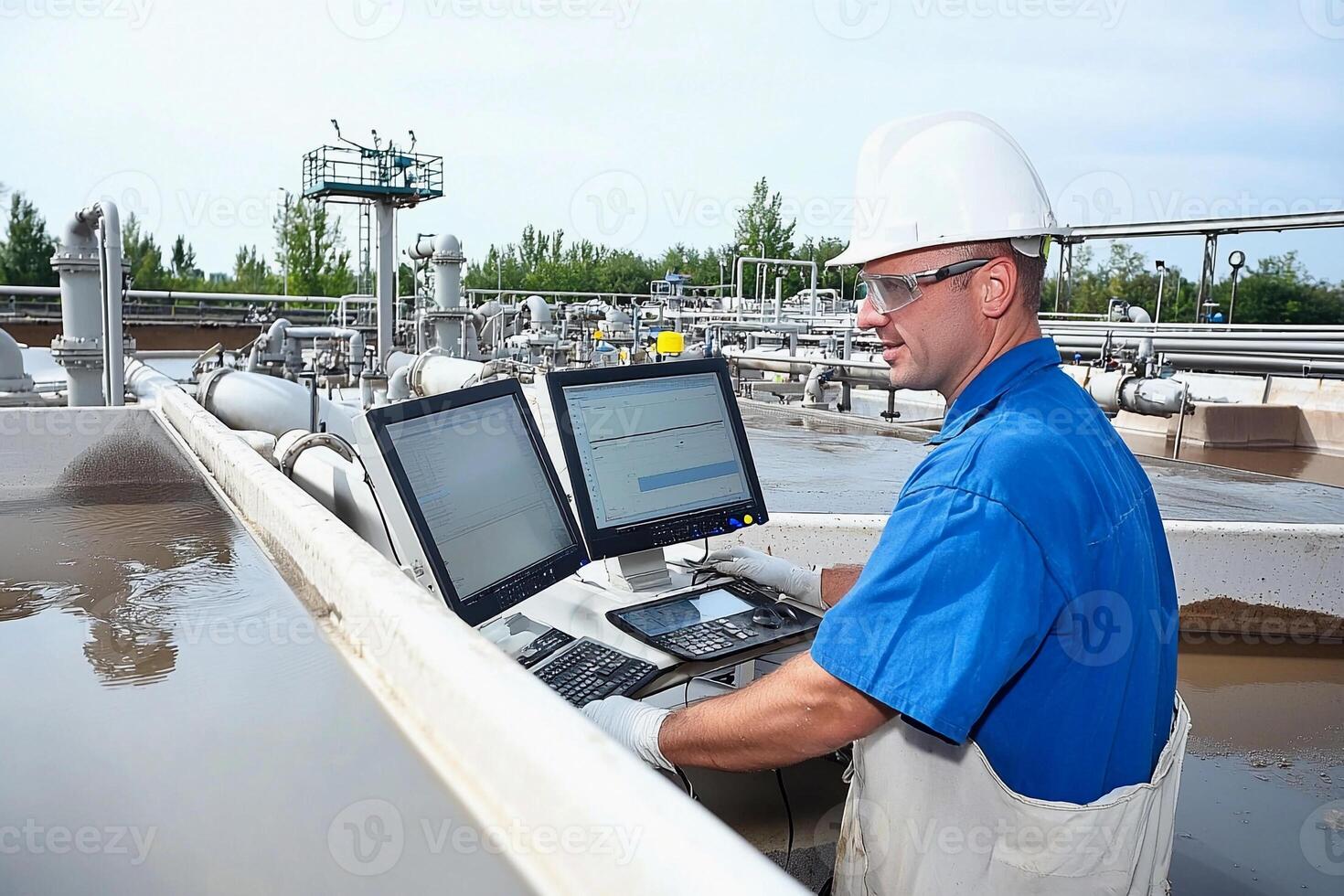 A man in a hard hat and blue shirt working on a computer photo